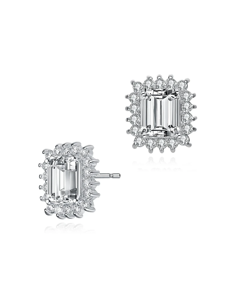 Sterling Silver with Rhodium Plated Clear Green and Round Cubic Zirconia Halo Stud Earrings