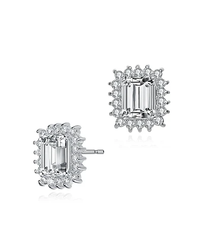 Sterling Silver with Rhodium Plated Clear Green and Round Cubic Zirconia Halo Stud Earrings