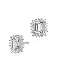 Sterling Silver with Rhodium Plated Clear Green and Round Cubic Zirconia Halo Stud Earrings