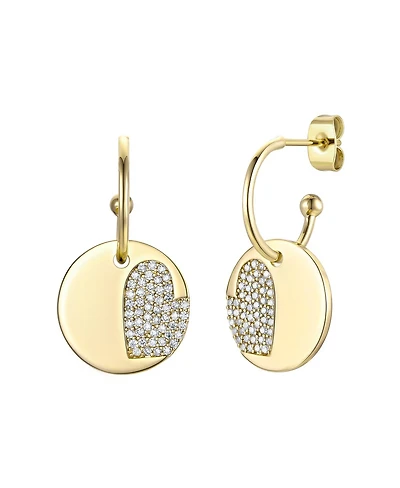 14k Gold Plated with Cubic Zirconia Round Heart Charm Dangle C-Hoop Earrings