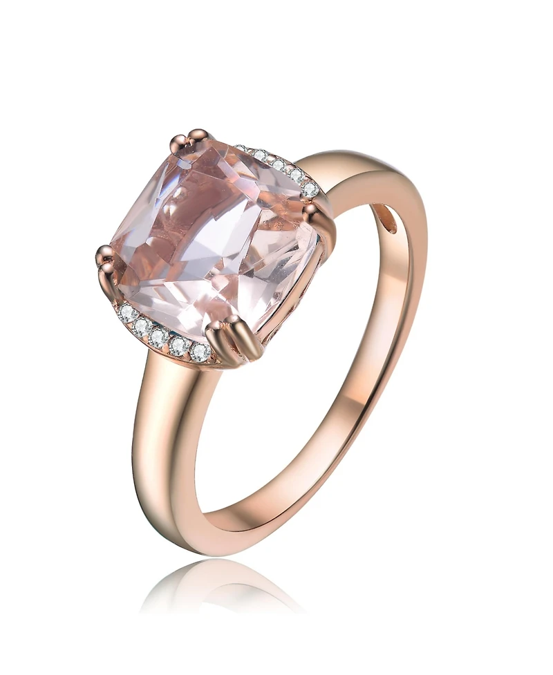 Sterling Silver 18k Rose Gold Plated with Pink & Cubic Zirconia Cushion Solitaire Halo Ring