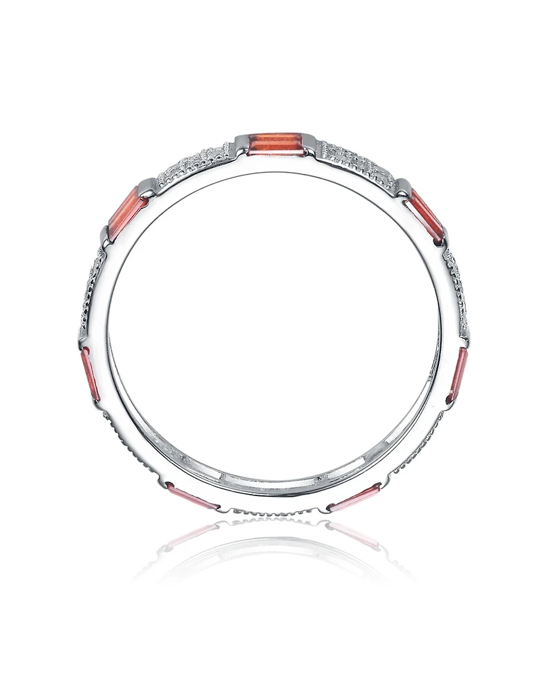 Sterling Silver White Gold Plated with Red Baguette & Round Cubic Zirconia Eternity Band Stacking Ring