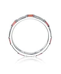 Sterling Silver White Gold Plated with Red Baguette & Round Cubic Zirconia Eternity Band Stacking Ring