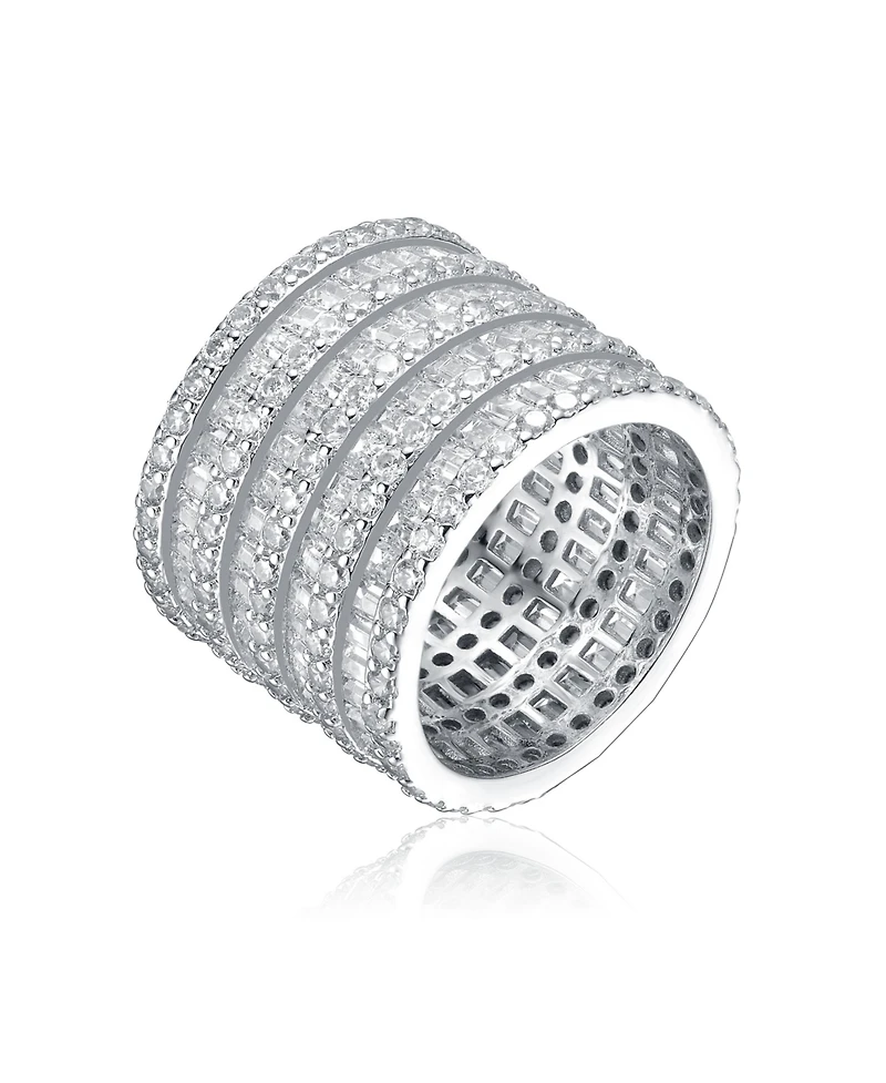 White Gold Plated with Cubic Zirconia 5-Row Stacked Column Glamor Ring Sterling Silver