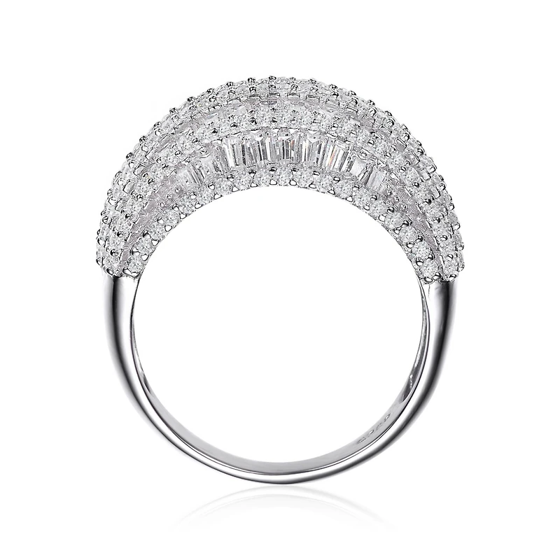 Sterling Silver with White Gold Plated Clear Round Cubic Zirconia Cluster Cocktail Ring