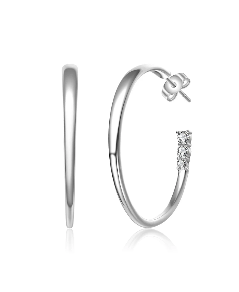 Rhodium-Plated with Cubic Zirconia 3-Stone C-Hoop Earrings Sterling Silver
