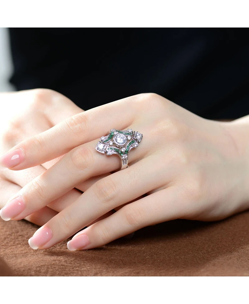 Sterling Silver Baguette and Round Cubic Zirconia Modern Ring