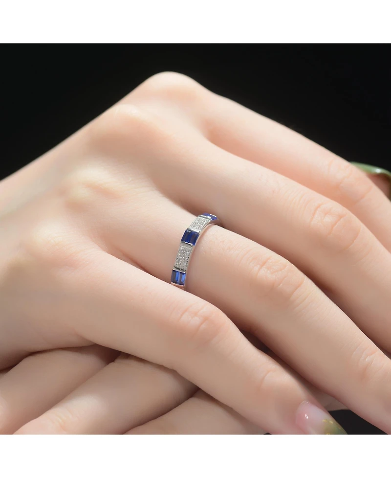 Sterling Silver White Gold Plated with Red Baguette & Round Cubic Zirconia Eternity Band Stacking Ring