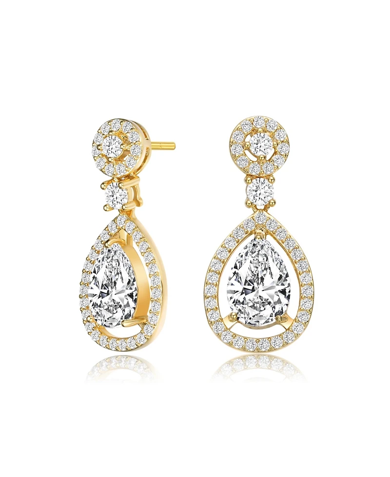 Sterling Silver with 14K Gold Plated Clear Round Cubic Zirconia Pear Drop Earrings