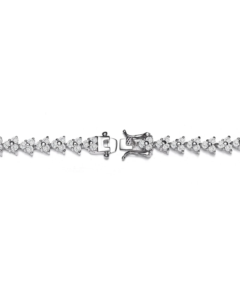Sterling Silver with Rhodium Plated Clear Round Cubic Zirconia 3-Stone Triangular Link Bracelet