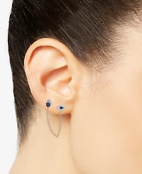 Lab-grown Blue Sapphire (1/4 ct. t.w.) & Lab-grown White Sapphire (1/4 ct. t.w.) Evil Eye & Hamsa Hand Double Pierced Chain Earrings in Sterling Silve