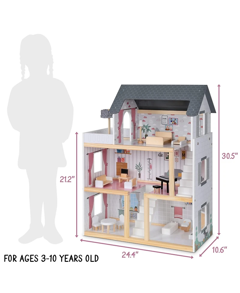 Lil' Jumbl Lil Jumbl Kids 3-Floor, 17-Piece Wooden Dollhouse with 2 Staircases