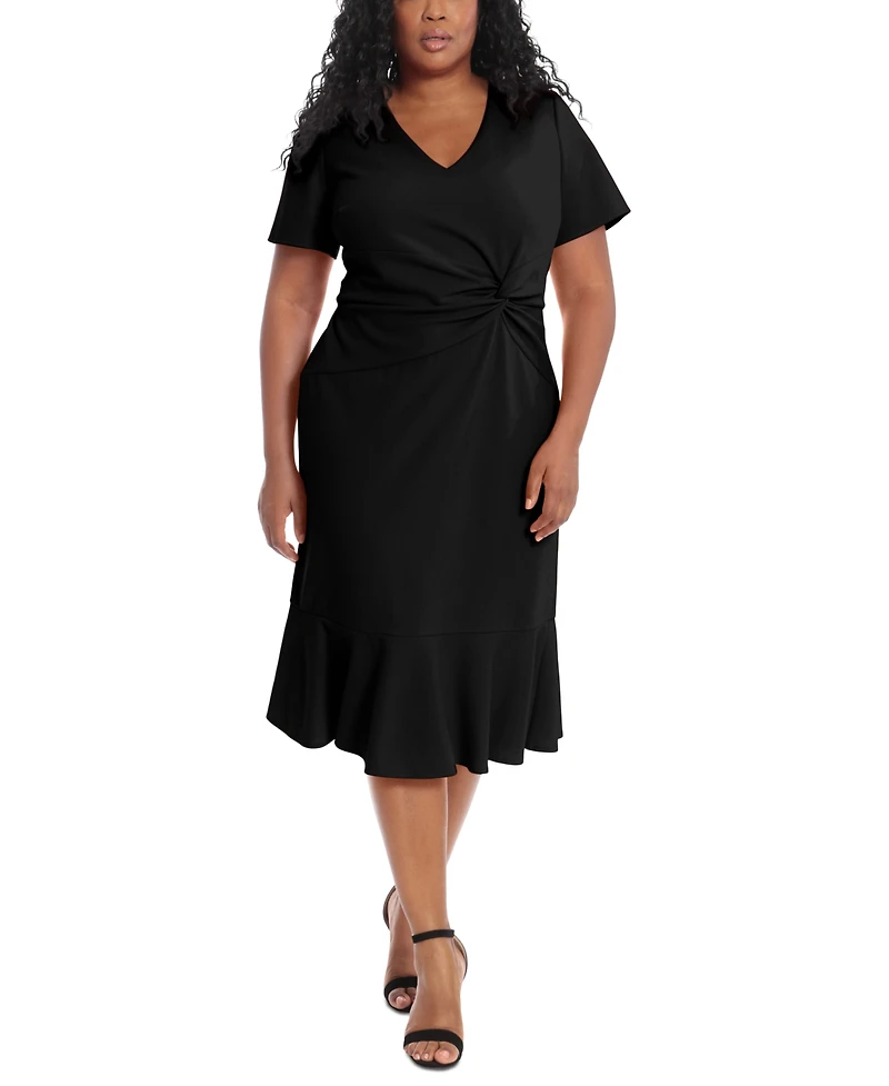 London Times Plus Twist-Front Flounce-Hem Dress