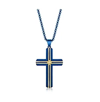 Mens Stainless Steel Blue & Gold Plated Lined Single Cz Cross Necklace