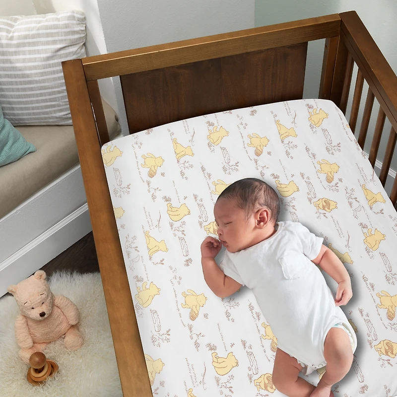 Lambs & Ivy Baby Disney Storytime Pooh 100% Cotton Fitted Crib Sheet - White