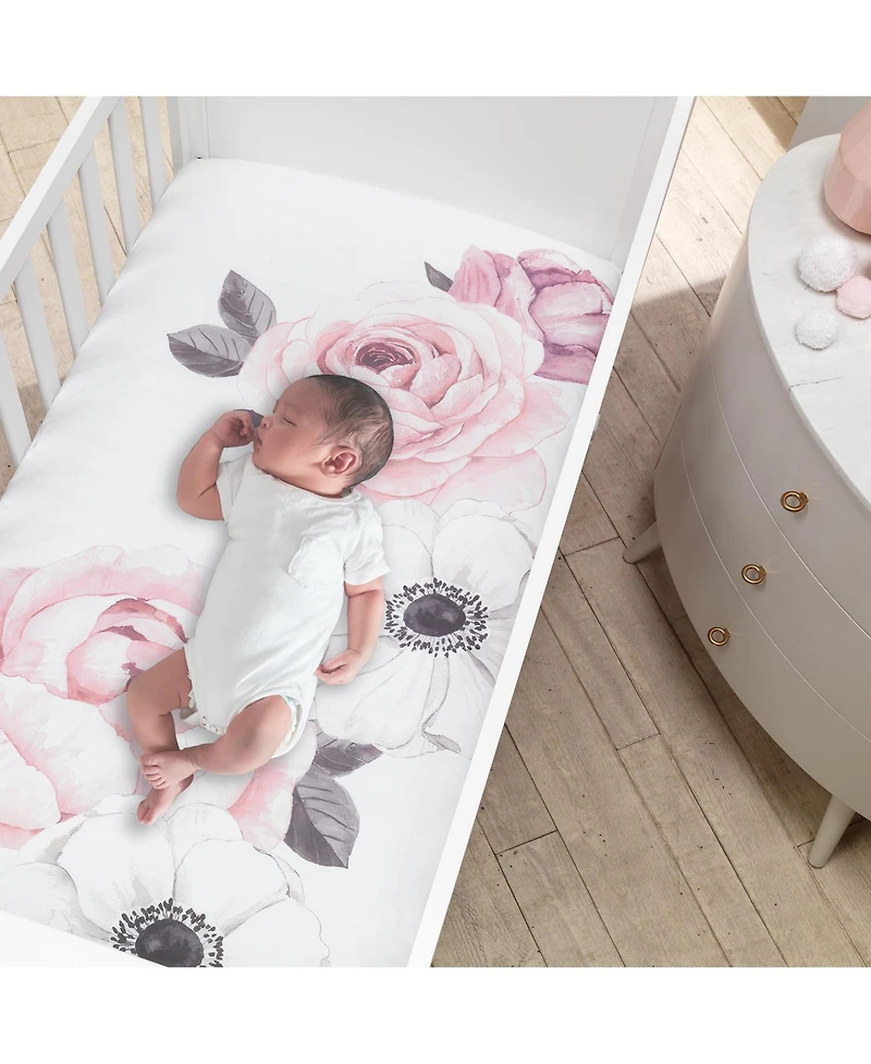 Lambs & Ivy Floral Garden Pink/White Watercolor Cotton Baby Fitted Crib Sheet