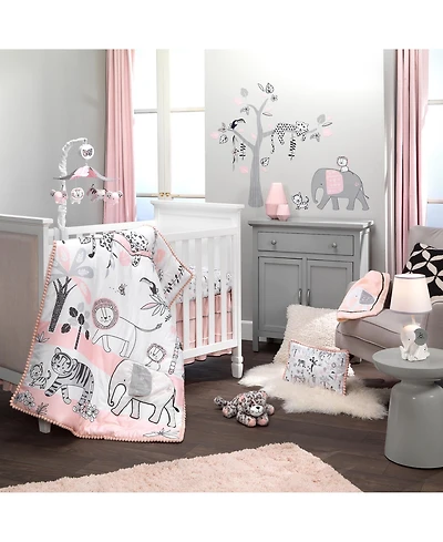 Lambs & Ivy Happy Jungle Pink/White Safari Nursery 5-Piece Crib Bedding Set