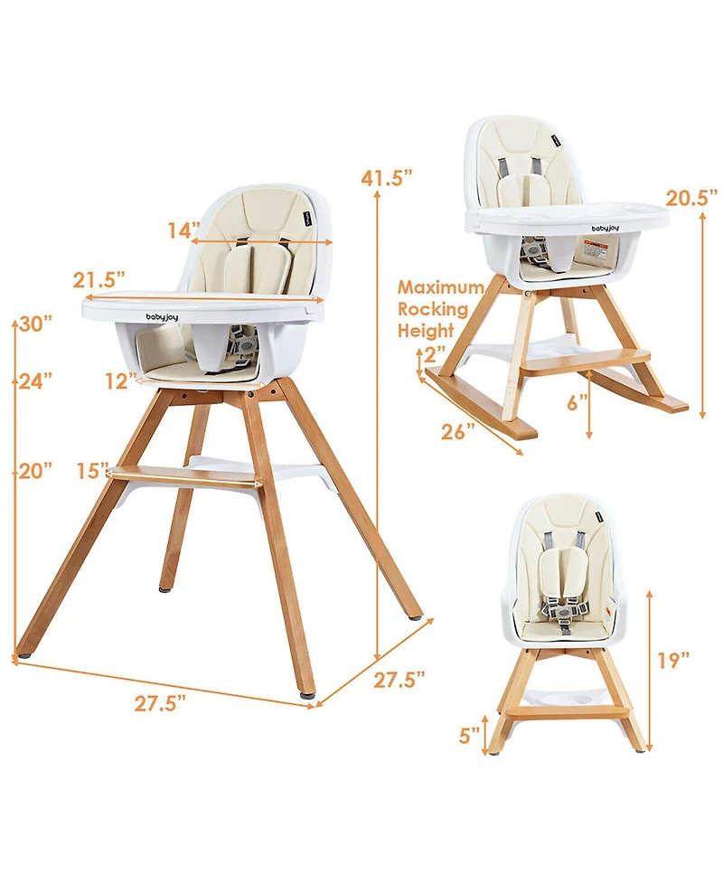 Costway Toddler 3-in-1 Convertible Wooden High Chair Tray Adjustable Legs