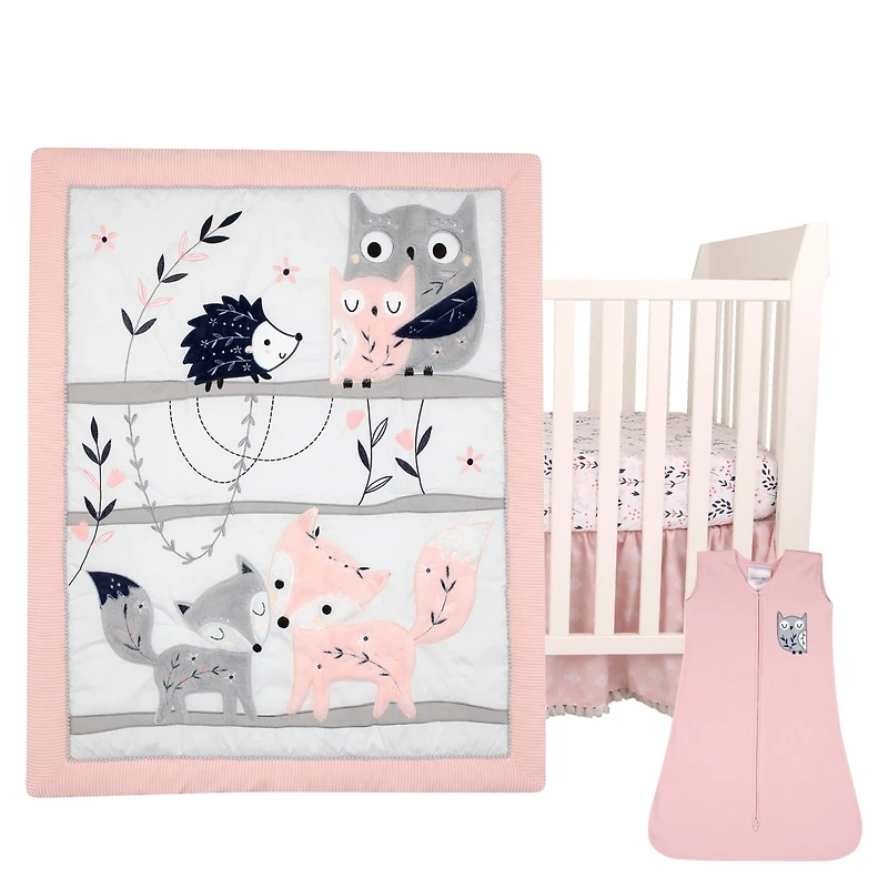 Lambs & Ivy Forever Friends White/Pink/Gray Woodland Fox/Owl 4-Piece Nursery Crib Baby Bedding Set