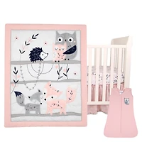 Lambs & Ivy Forever Friends White/Pink/Gray Woodland Fox/Owl 4-Piece Nursery Crib Baby Bedding Set