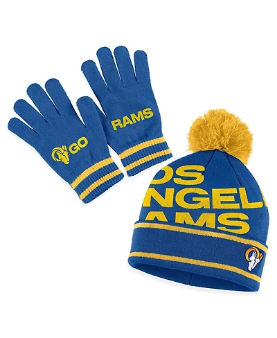 Women's Wear by Erin Andrews Royal Los Angeles Rams Double Jacquard Cuffed Knit Hat with Pom and Gloves Set