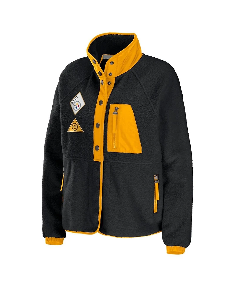 Women's Wear by Erin Andrews Black Pittsburgh Steelers Polar Fleece Raglan Full-Snap Jacket