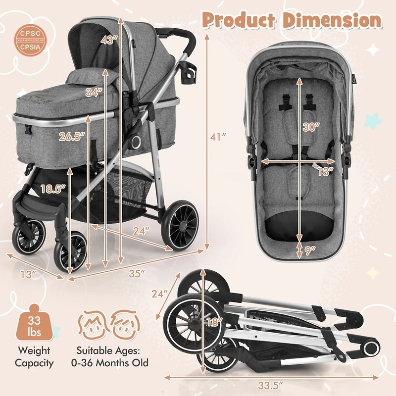 Costway Baby 2 in 1 Convertible Stroller High Landscape