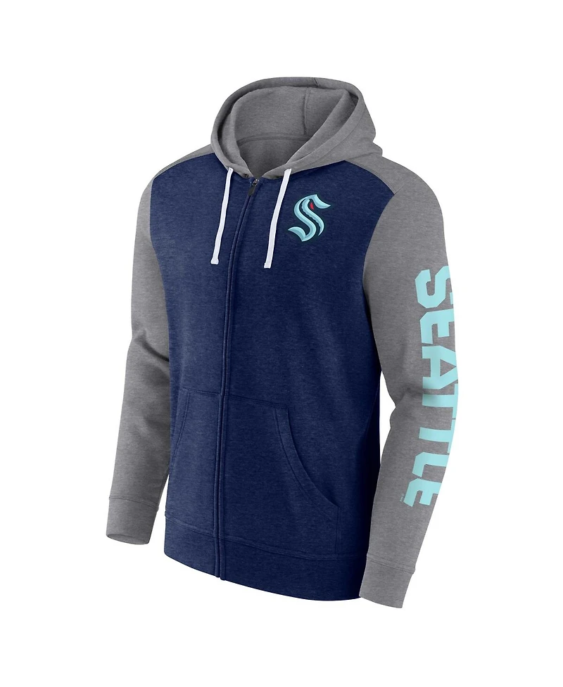 Men's Fanatics Heather Deep Sea Blue Seattle Kraken Down and Distance Full-Zip Hoodie