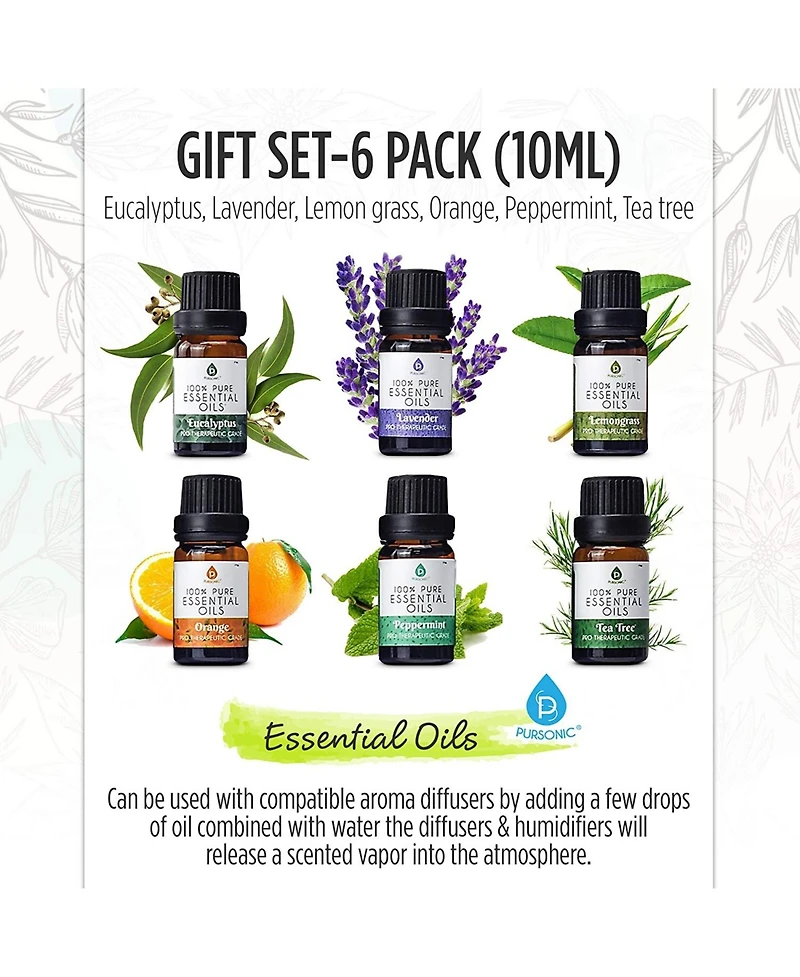 Pursonic 100% Pure Essential Aromatherapy Oils Gift Set-6 Pack , 10ML(Eucalyptus, Lavender, Lemon grass, Orange, Peppermint, Tea Tree)