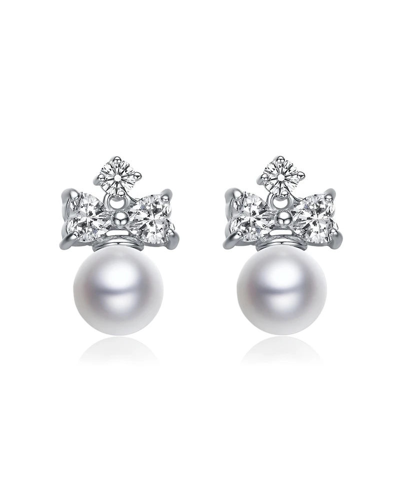 Gv Sterling Silver White Gold Plated White Round Freshwater Pearl with Clear Heart and Round Cubic Zirconia Earrings