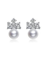 Gv Sterling Silver White Gold Plated White Round Freshwater Pearl with Clear Heart and Round Cubic Zirconia Earrings