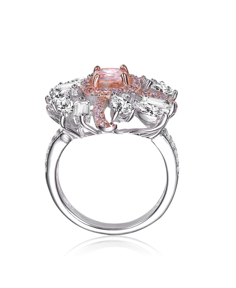 Sterling Silver White Gold and Rose Plated with Pink Clear Cubic Zirconia Cluster Ring