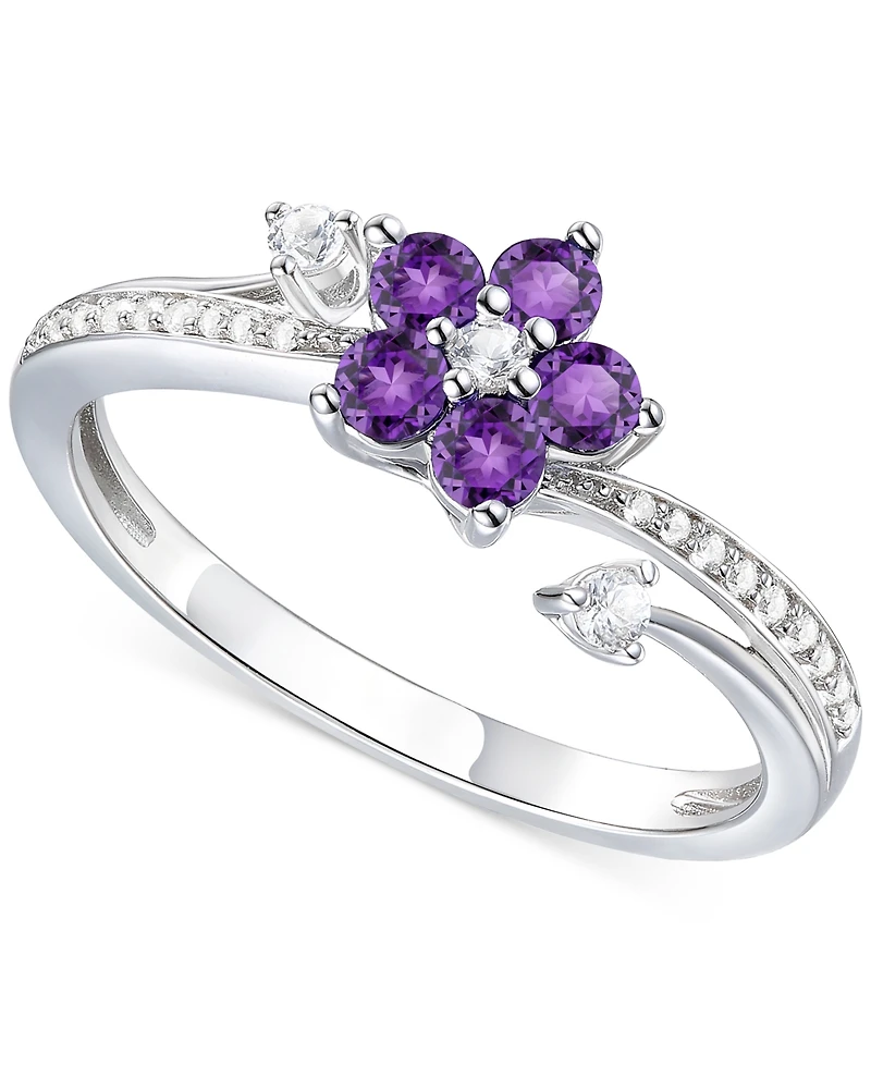 3-Pc. Set Amethyst (1 ct. t.w.) & Lab-Grown White Sapphire (3/8 Flower Pendant Necklace, Stud Earrings, Ring Sterling Silver (Also A