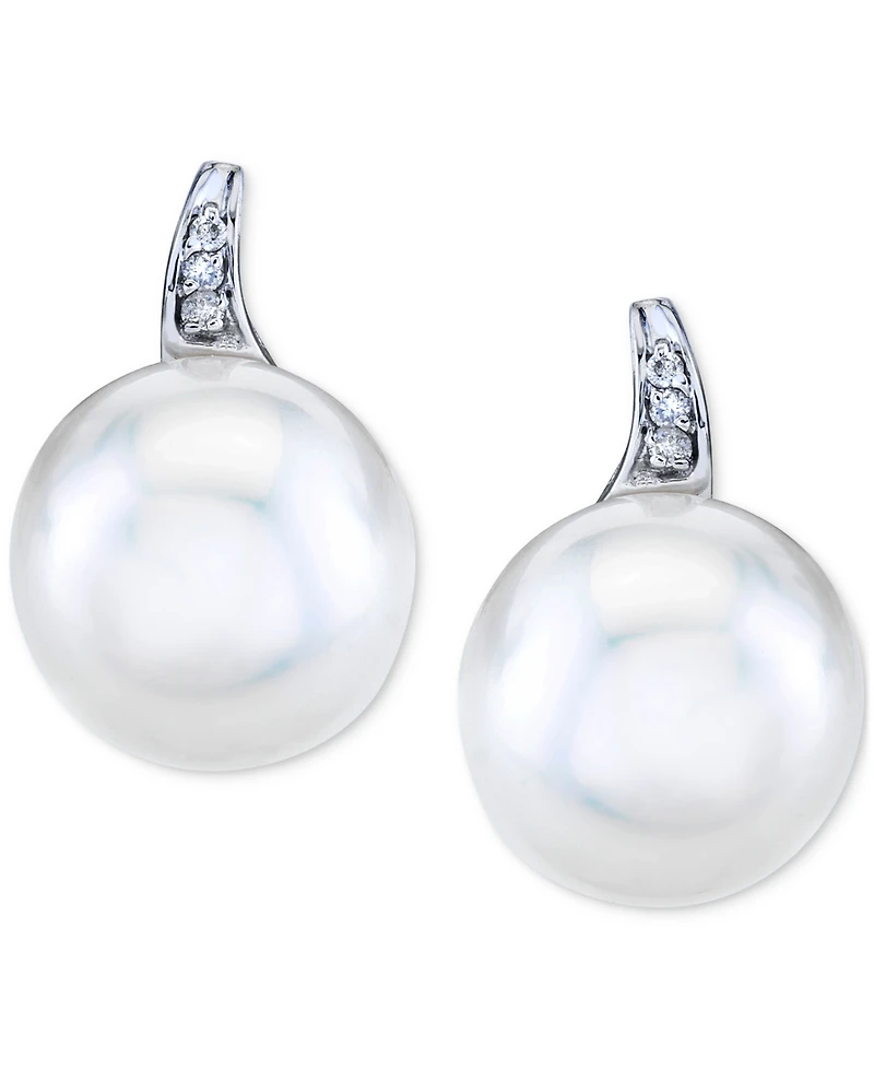 Cultured Freshwater Pearl (11mm) & Diamond Accent Earrings Stud Earrings in 10k White Gold