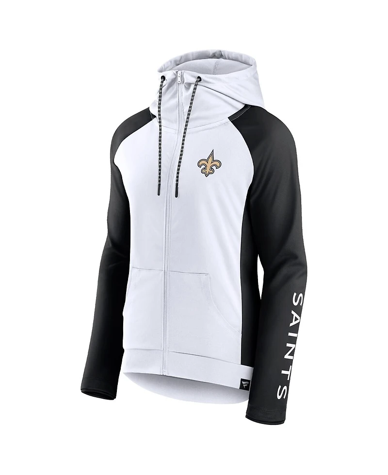 Women's Fanatics White and Black New Orleans Saints End Around Raglan Full-Zip Hoodie