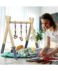 Costway Baby Foldable Wooden Gym with 3 Wooden Teething Toys