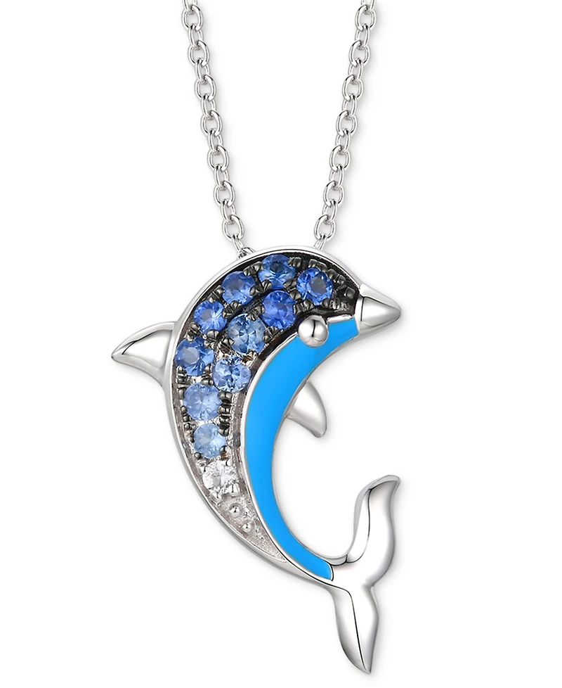 Le Vian Denim Ombre (1/5 ct. t.w.) & White Sapphire Accent Dolphin Blue Enamel Pendant Necklace in 14k White Gold, 18" + 2" extender
