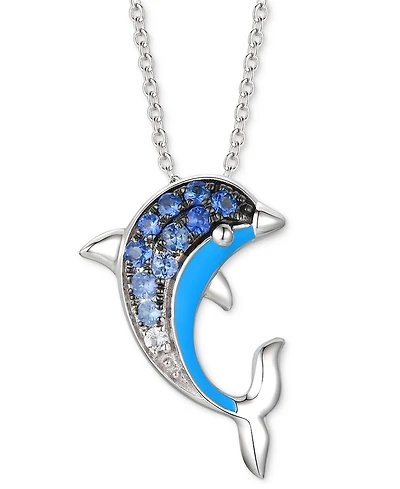 Le Vian Denim Ombre (1/5 ct. t.w.) & White Sapphire Accent Dolphin Blue Enamel Pendant Necklace in 14k White Gold, 18" + 2" extender