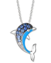Le Vian Denim Ombre (1/5 ct. t.w.) & White Sapphire Accent Dolphin Blue Enamel Pendant Necklace in 14k White Gold, 18" + 2" extender