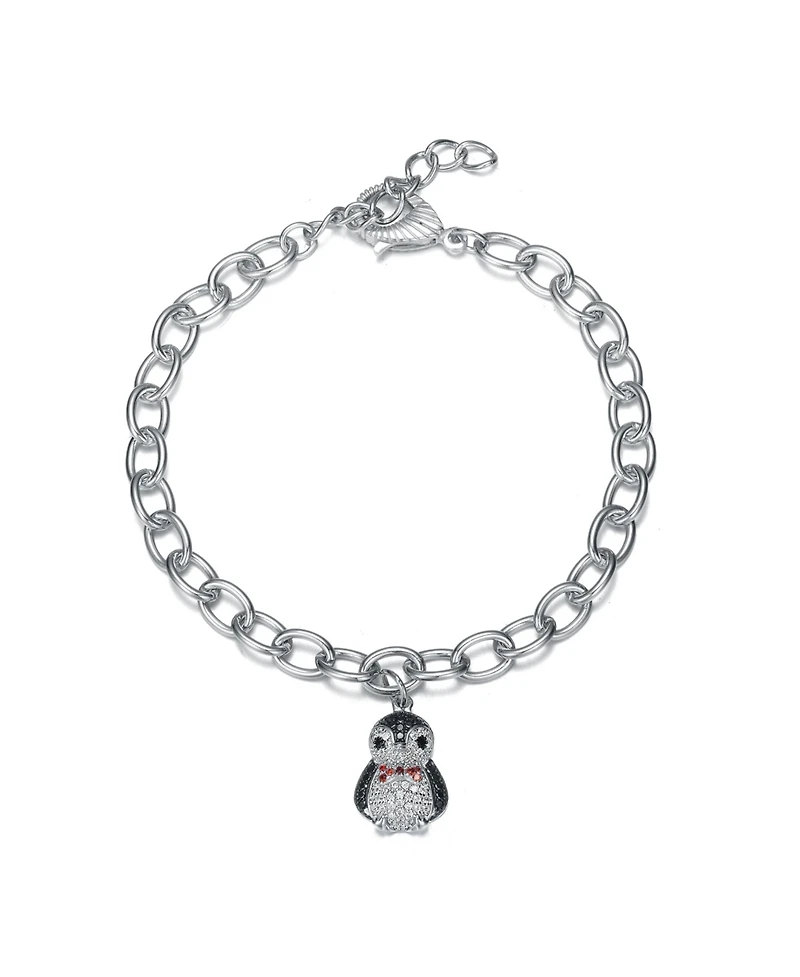 White Gold Plated with Red, Black and White Cubic Zirconia Bird Charm Bracelet in Sterling Silver