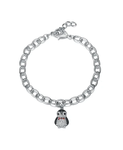 White Gold Plated with Red, Black and White Cubic Zirconia Bird Charm Bracelet in Sterling Silver