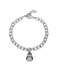 White Gold Plated with Red, Black and White Cubic Zirconia Bird Charm Bracelet in Sterling Silver