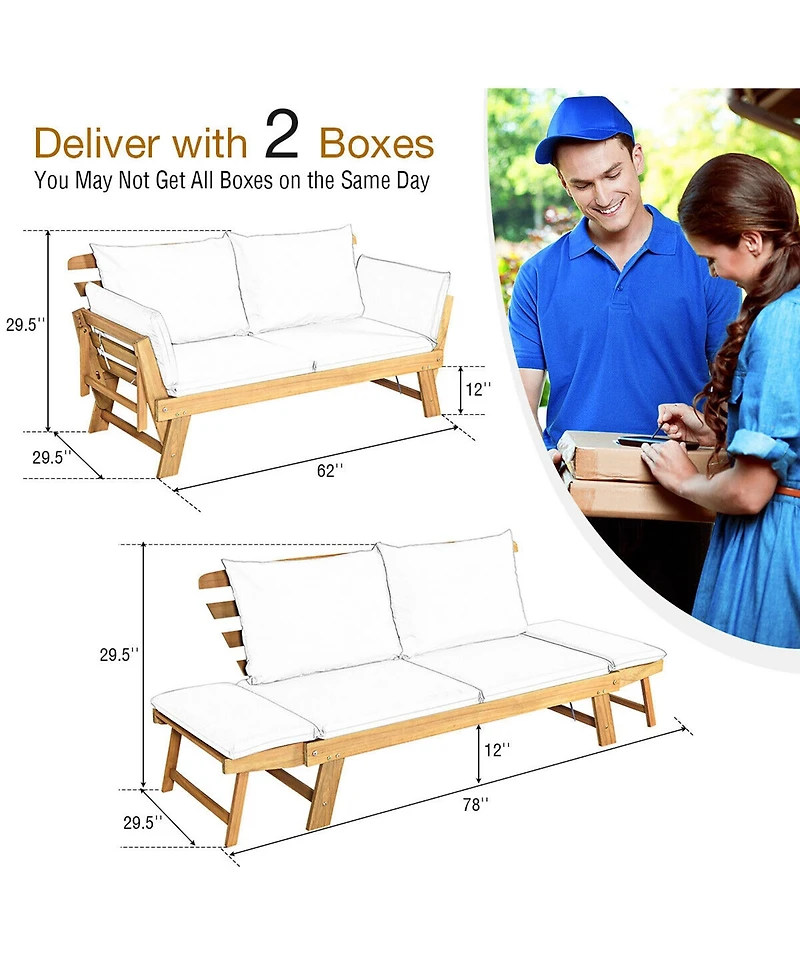 Costway Patio Convertible Sofa Daybed Solid Wood Adjustable Thick Cushion