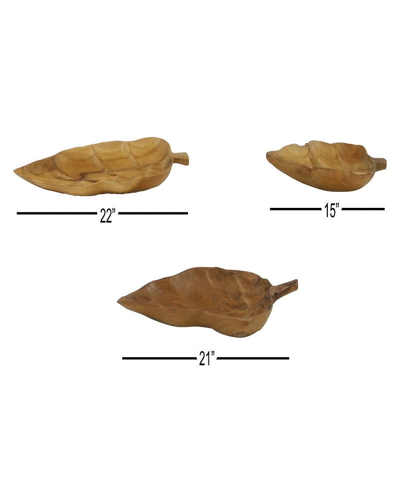Rosemary Lane Teak Wood Live Edge Leaf Tray, Set of 3, 22", 21", 15" W