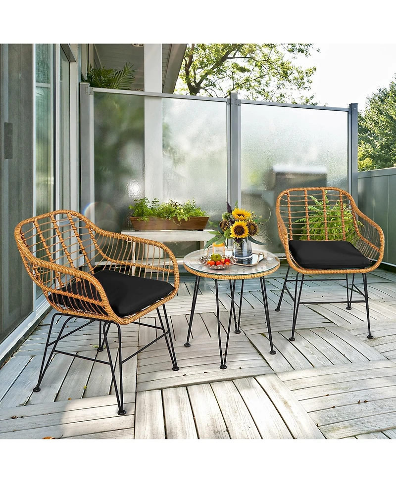 3PCS Patio Rattan Bistro Furniture Set Cushioned Chair Table