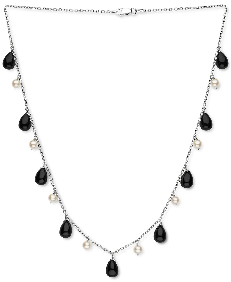 Freshwater Pearl (5-6mm) & Jade Dangling 18" Collar Necklace in Sterling Silver (Also in Onyx)