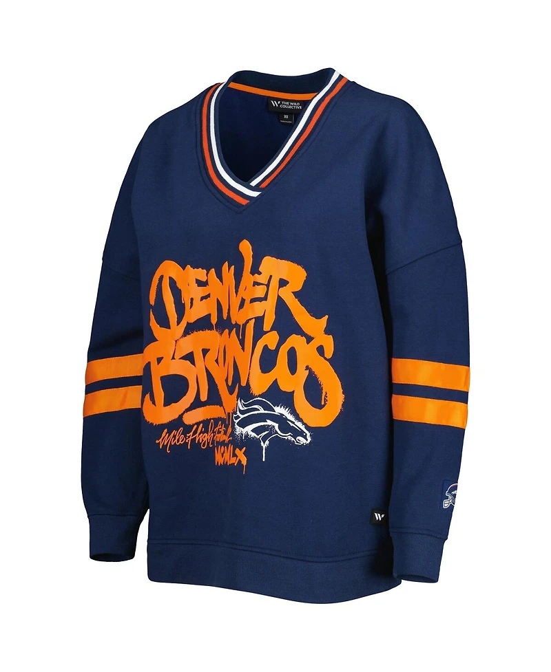 Women's The Wild Collective Navy Denver Broncos Vintage-like Pullover V-Neck Sweatshirt