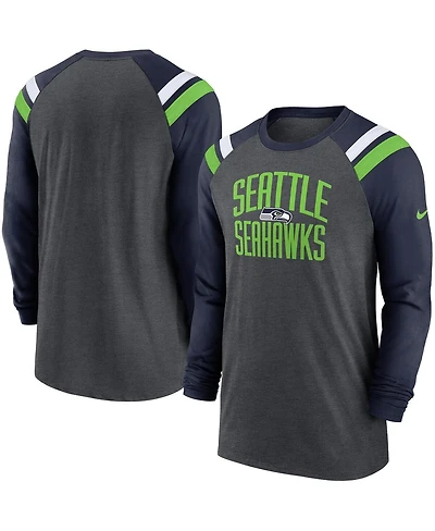 Men's Nike Heathered Charcoal, College Navy Seattle Seahawks Tri-Blend Raglan Athletic Long Sleeve Fashion T-shirt