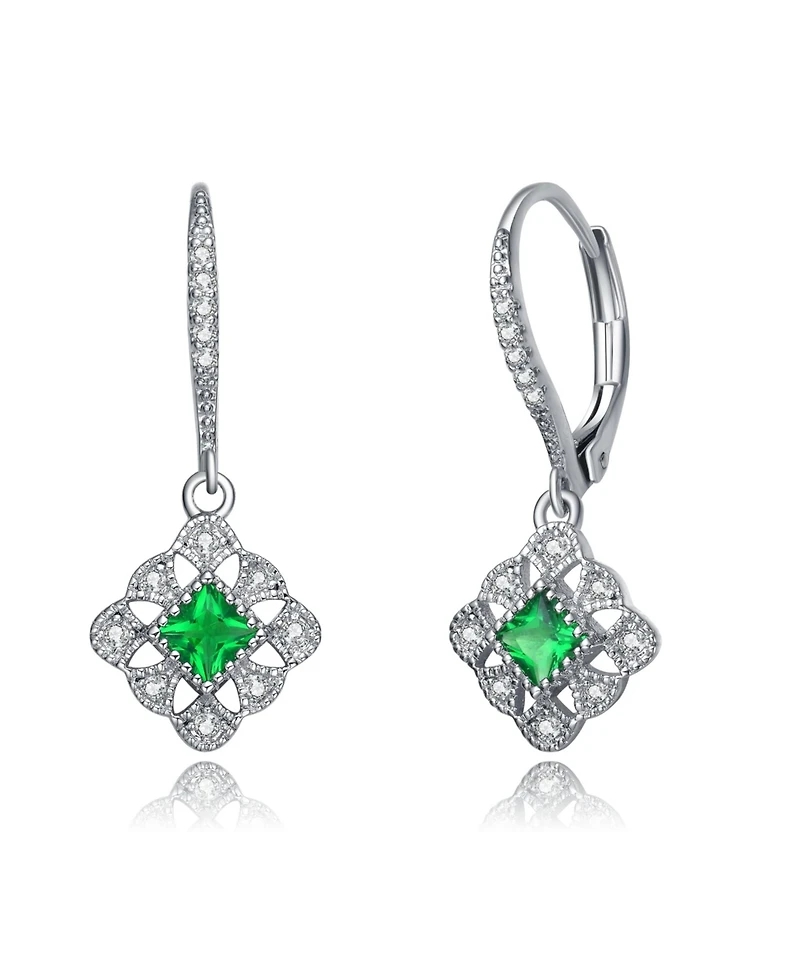 Sterling Silver White Gold Plated Radiant and Round Cubic Zirconia Adorn Leverback Earrings