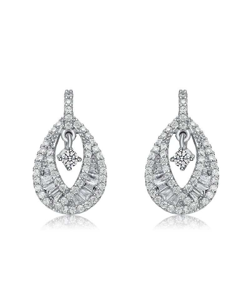 Sterling Silver 14K Gold Plated, 18K Rose Plated and White Red Baguette Clear Round Cubic Zirconia Pear Drop Earrings